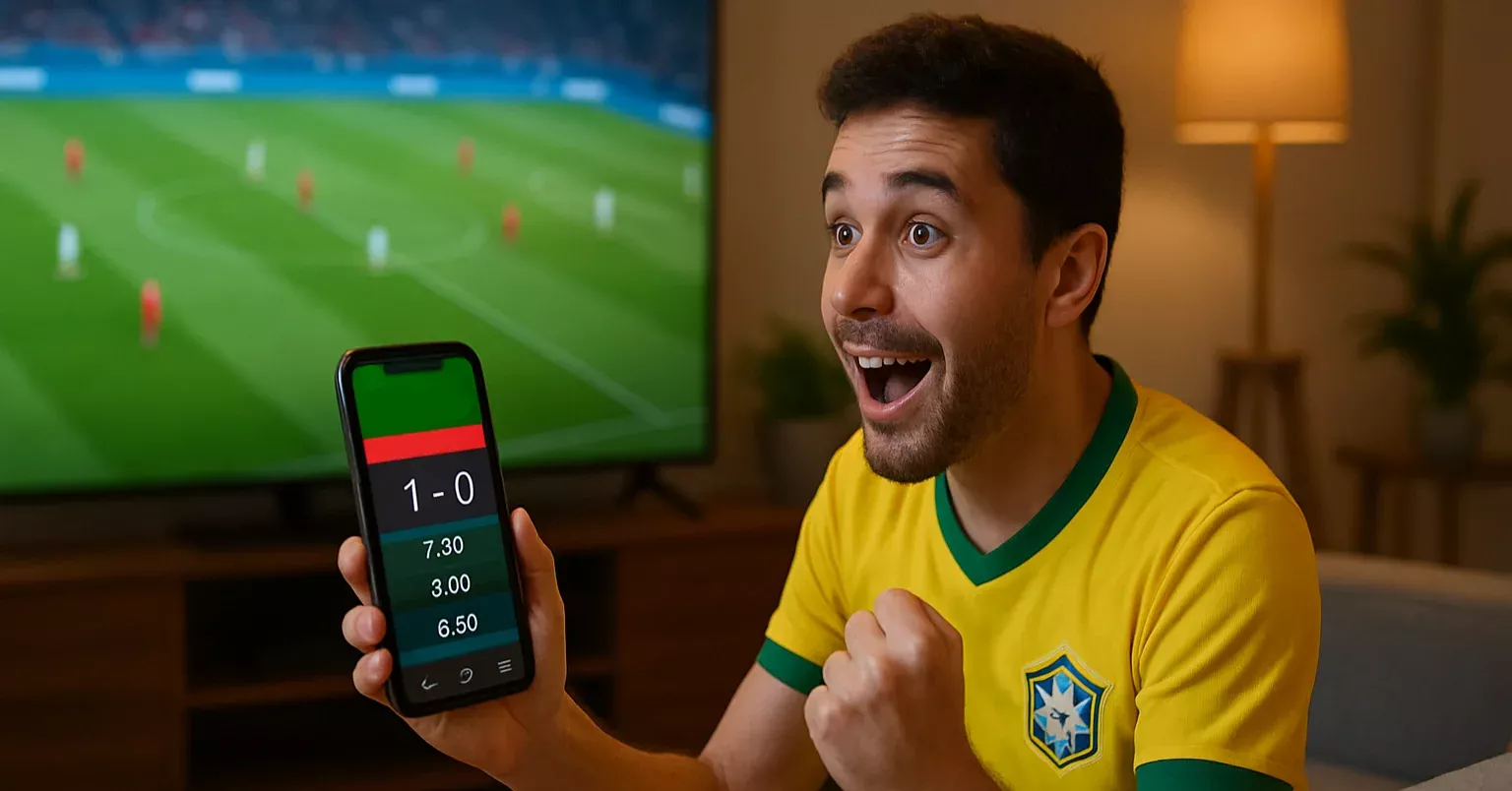 Torcedor brasileiro acompanhando partida de futebol ao vivo com smartphone mostrando odds em tempo real