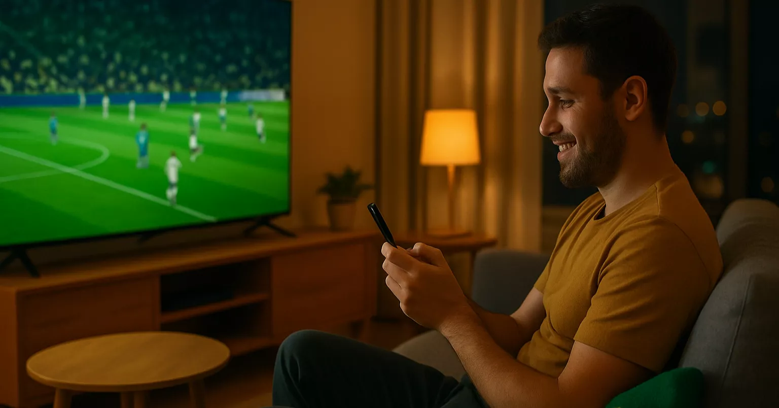 Homem brasileiro assistindo partida de futebol na TV enquanto acompanha apostas esportivas pelo celular em ambiente aconchegante