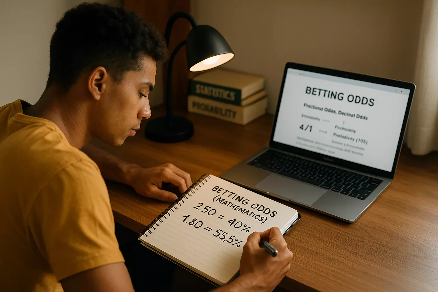 Pessoa estudando fórmulas de conversão de odds em probabilidades com anotações em caderno