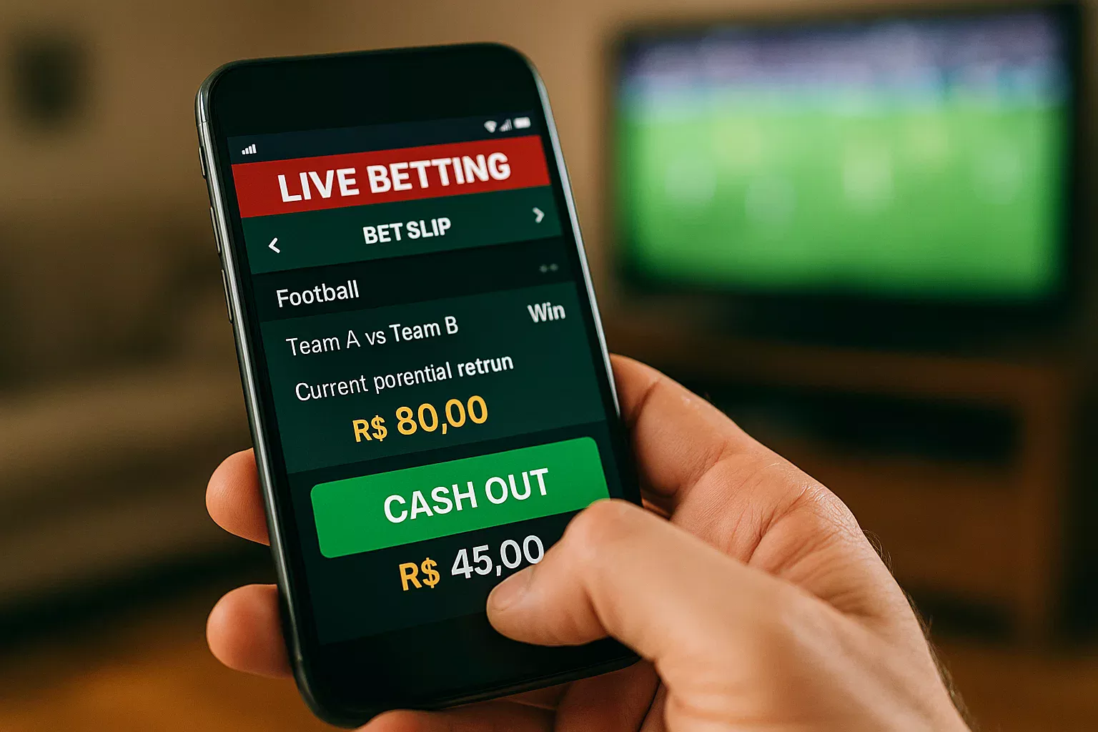 Tela de smartphone mostrando opção de cash out com valor disponível durante aposta ao vivo