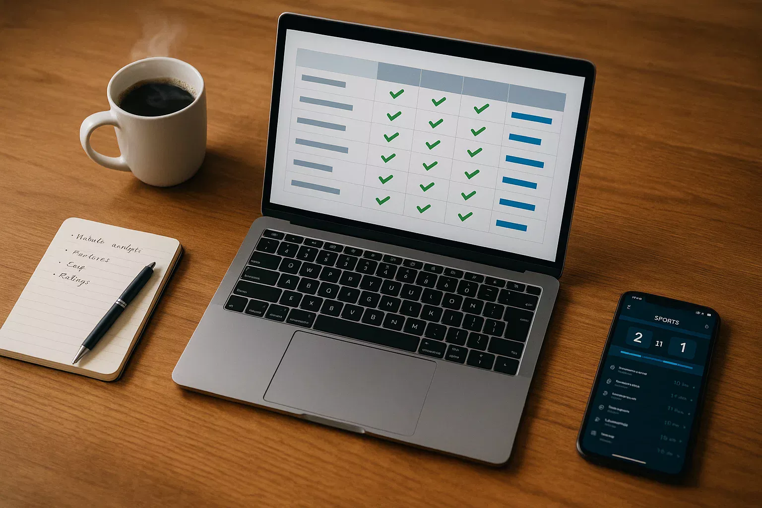 Mesa de trabalho organizada com laptop mostrando comparativo de plataformas de apostas, bloco de notas e café