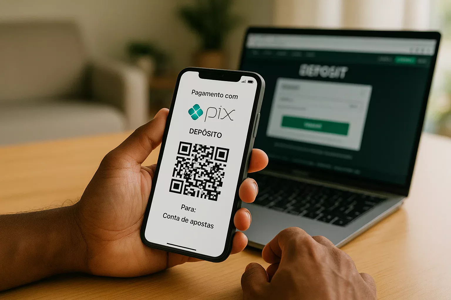 Pessoa realizando depósito via Pix em aplicativo de casa de apostas pelo smartphone