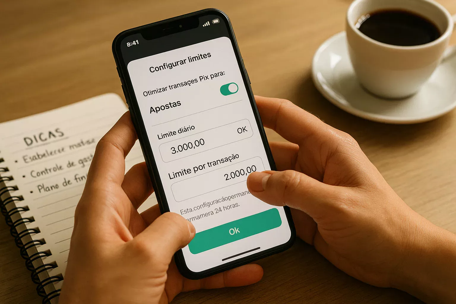 Pessoa configurando aplicativo bancário para otimizar transações Pix em apostas