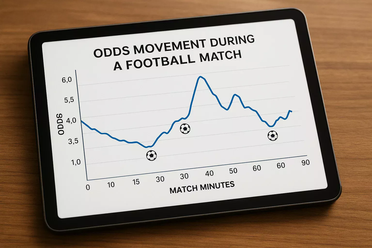 Gráfico mostrando variação de odds durante uma partida de futebol com momentos de gols marcados