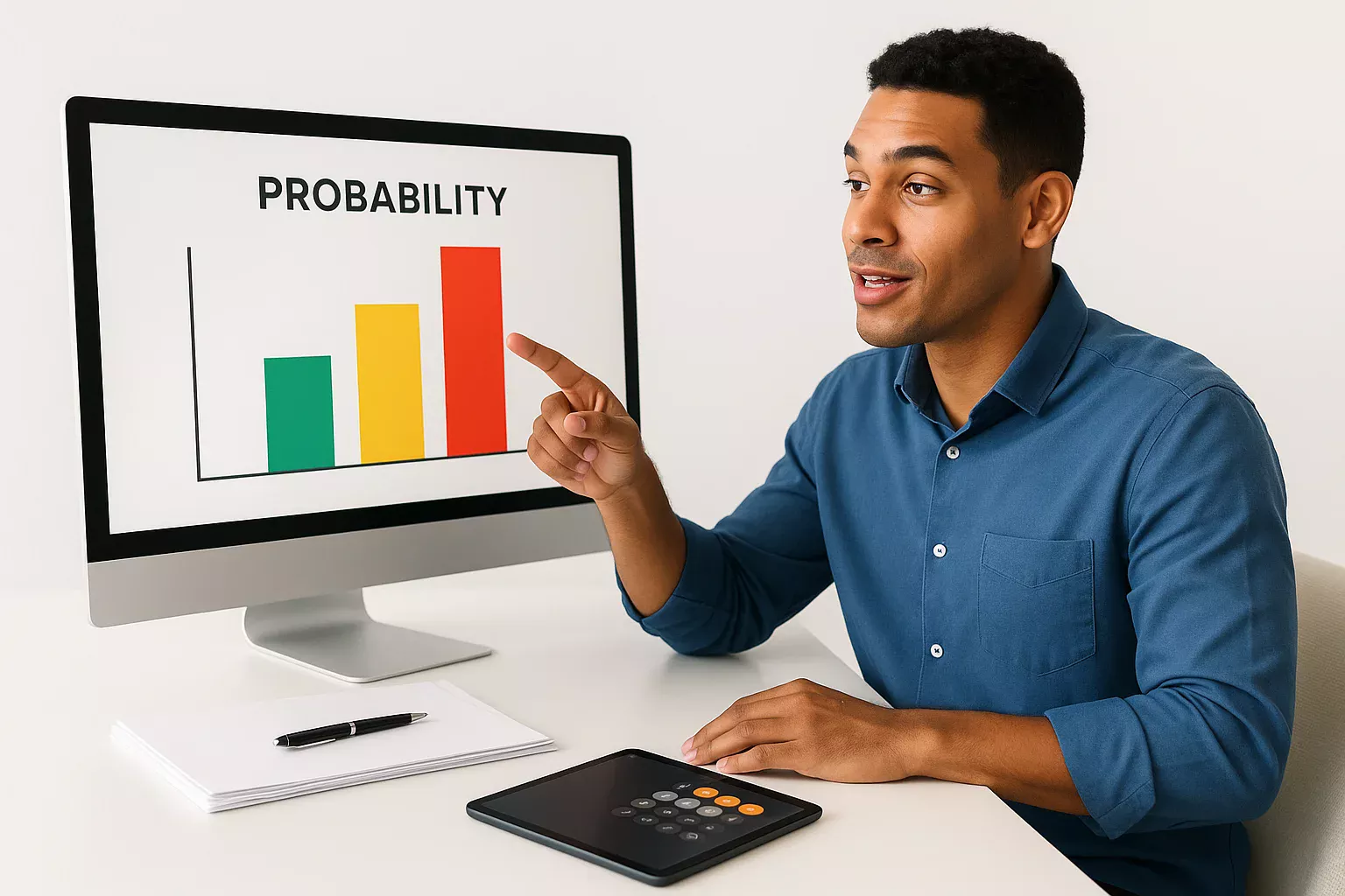 Analista esportivo brasileiro explicando gráfico de barras simples que representa níveis de probabilidade em apostas