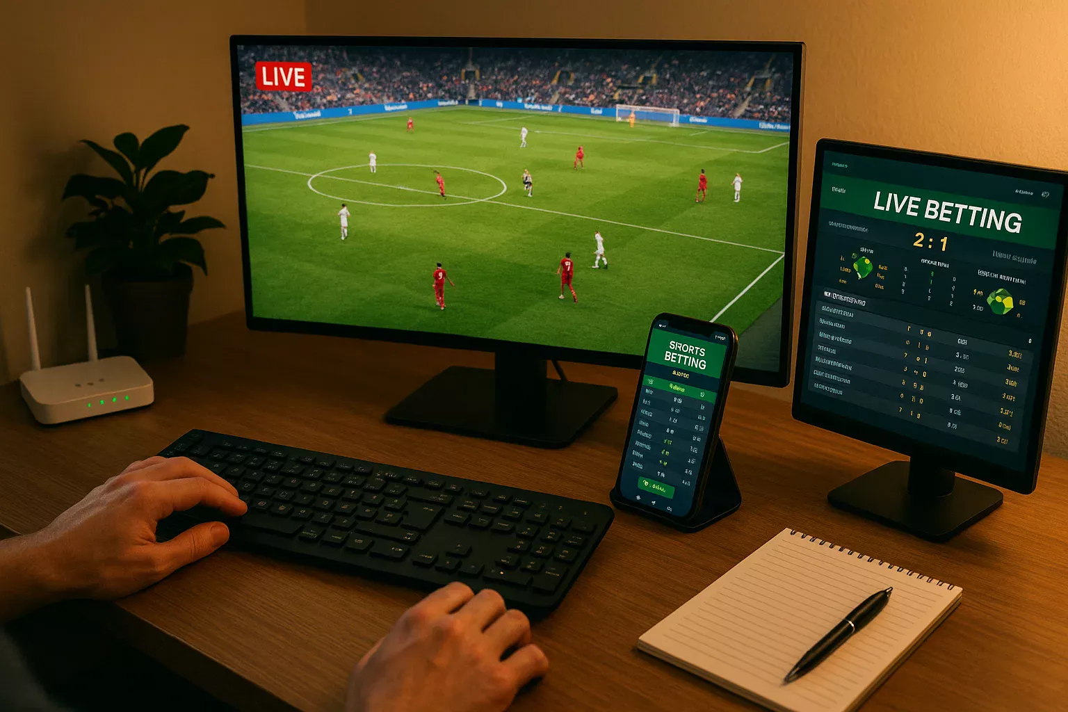 Setup de apostador com múltiplas telas mostrando transmissão de jogo e estatísticas em tempo real