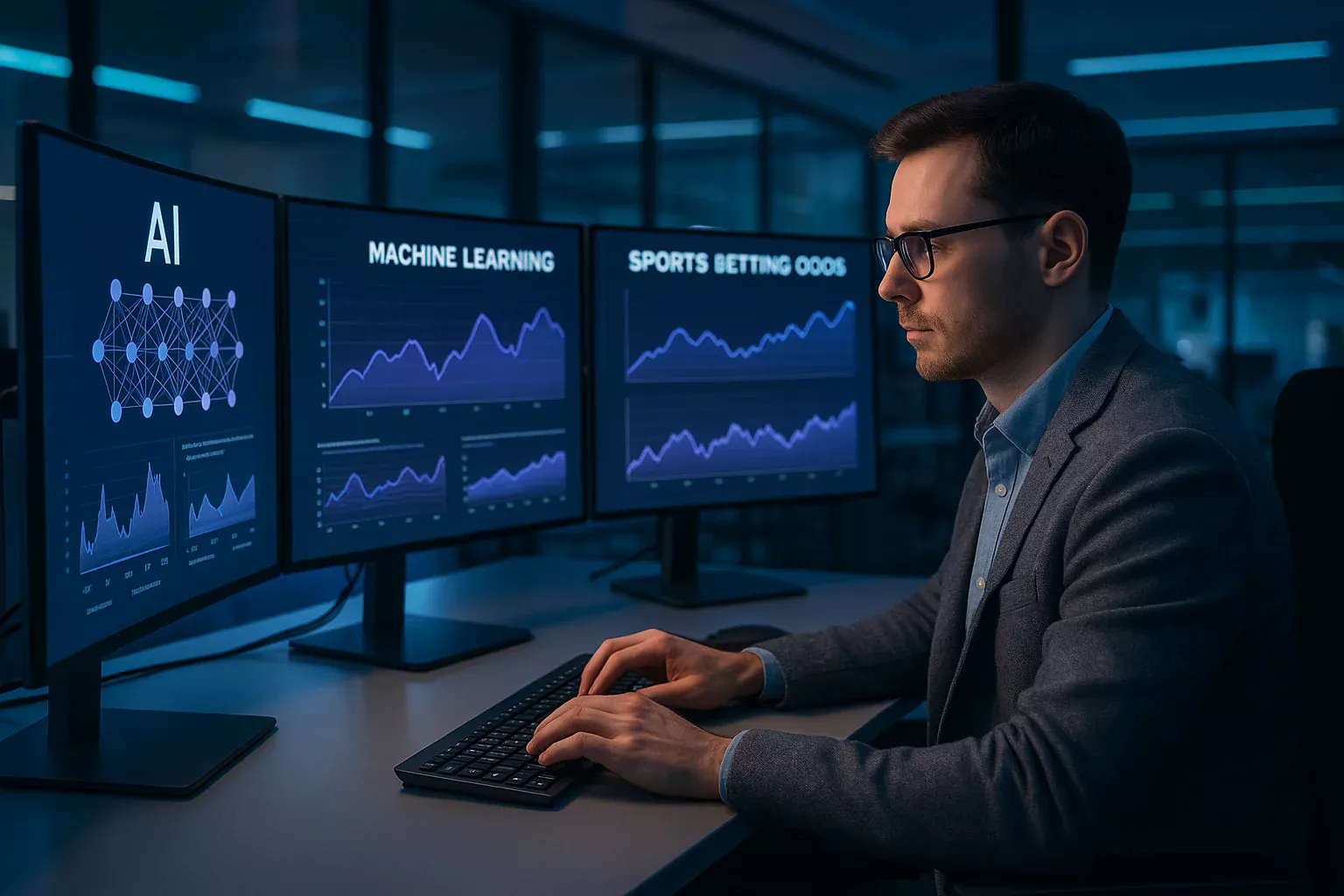 Analista de dados trabalhando com inteligência artificial e algoritmos para definição de odds esportivas