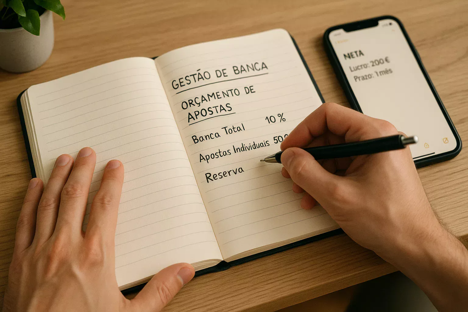 Pessoa organizando seu orçamento para apostas esportivas com anotações em caderno