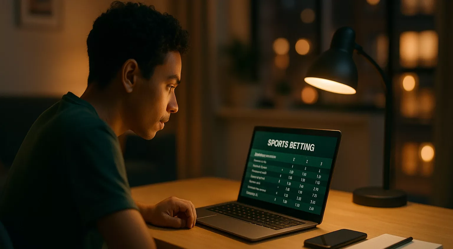 Jovem brasileiro aprendendo sobre apostas esportivas em laptop com interface de site de apostas
