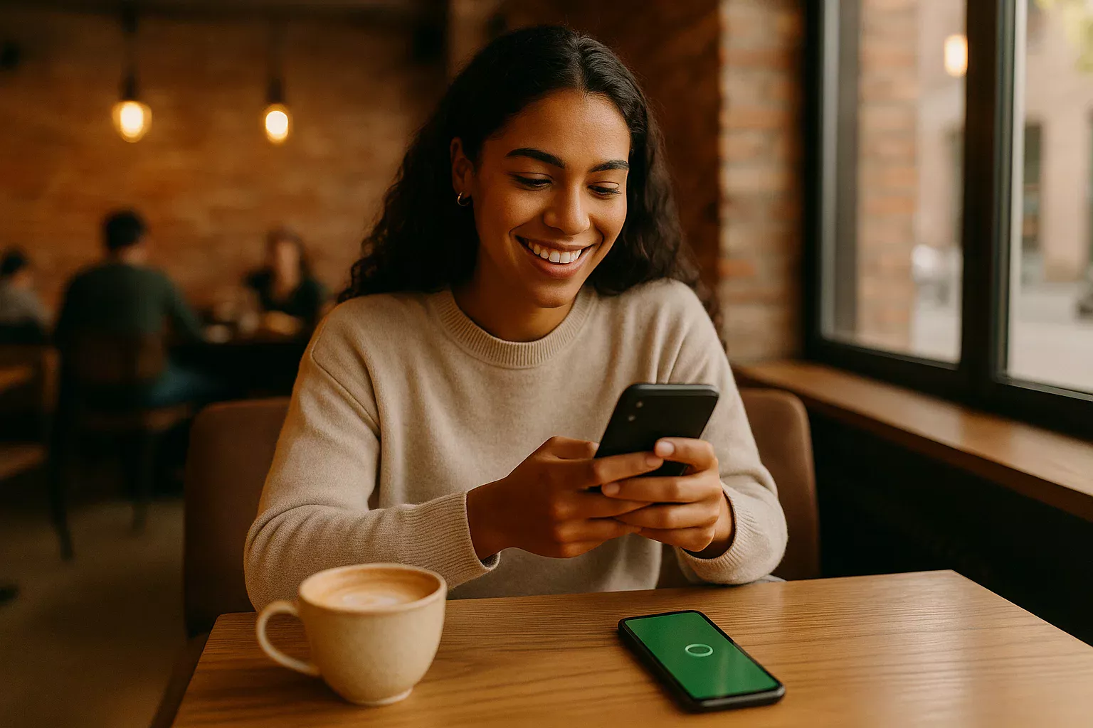 Jovem brasileira sorrindo em café aconchegante enquanto faz sua primeira aposta esportiva pelo celular