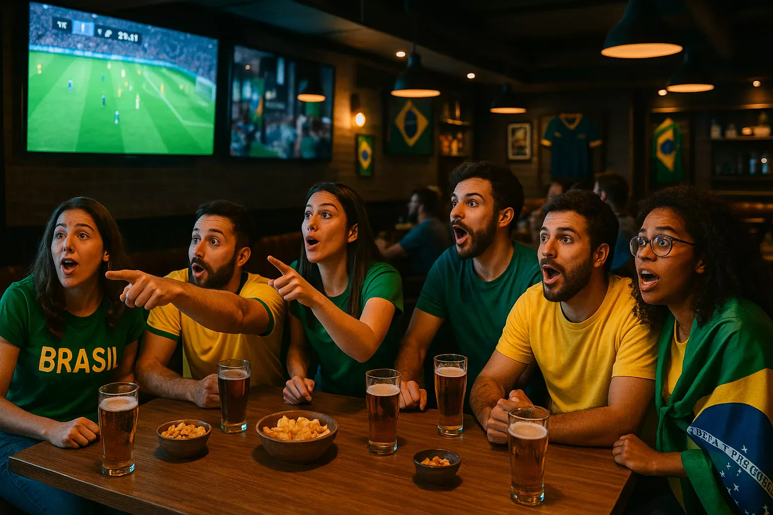 Torcedores acompanhando partida de futebol em bar esportivo com telas mostrando diferentes mercados de apostas