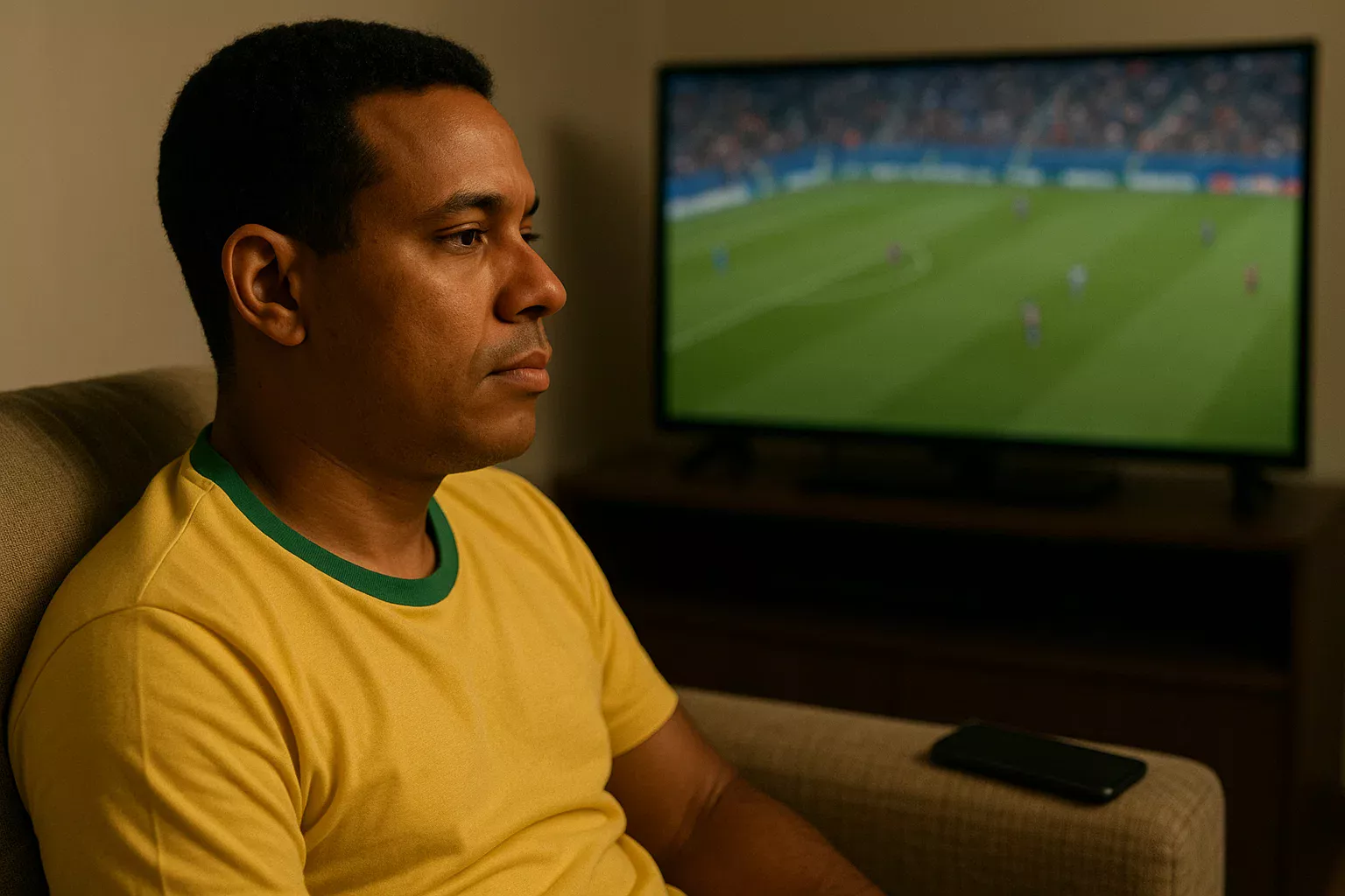 Pessoa concentrada analisando partida de futebol com expressão focada e controlada
