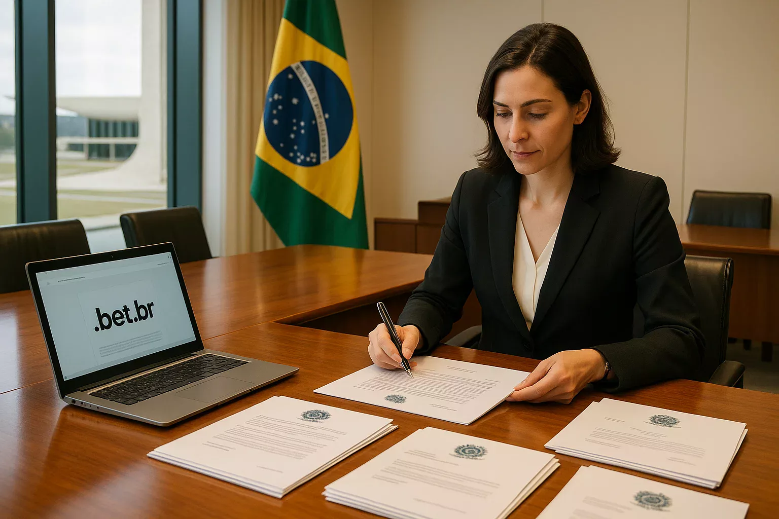Ambiente institucional brasileiro com documentos oficiais e licenças de apostas sendo analisados em escritório profissional