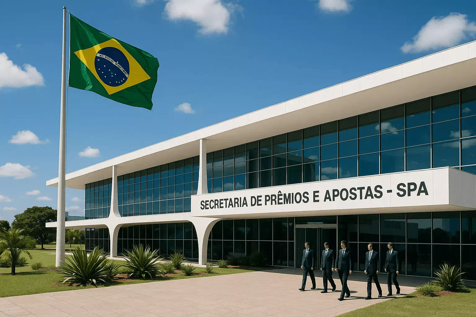 Edifício sede da Secretaria de Prêmios e Apostas em Brasília com bandeira do Brasil