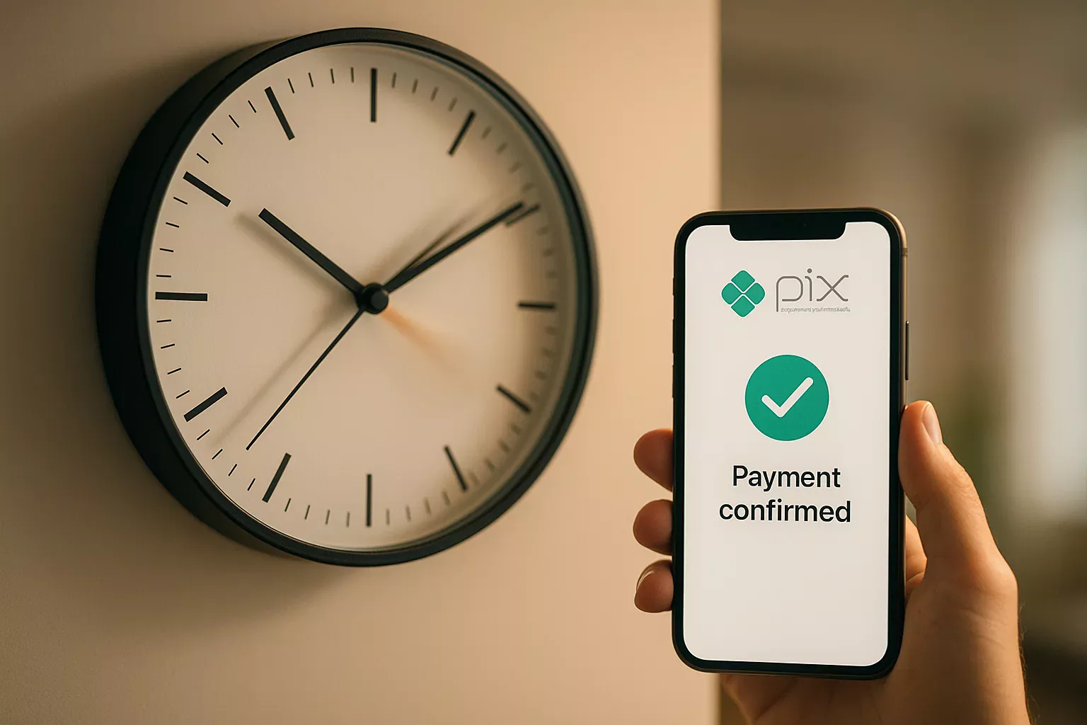 Relógio mostrando velocidade de transações Pix instantâneas para apostas esportivas